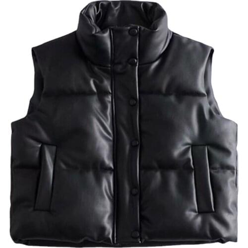 Sleeveless Vest Women Waistcoat Winter Zipper Leather Jacket Vest Cotton Coat Female Stand Collar Waistcoat Short Chaleco Mujer