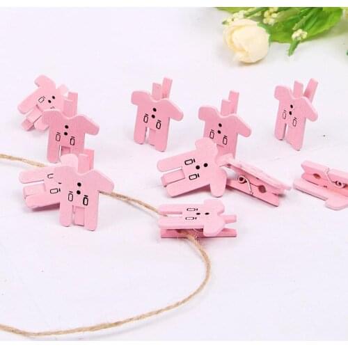 10Pcs Pink Clothes Mini Photo Clip 2M Hemp Rope Diy Wood Clothespins Clothes Peg Clips Office Party Decoration