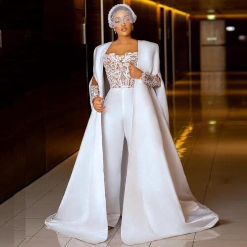 2021 Jumpsuit Wedding Dresses Lace Long Sleeves Outfit Bridal Gowns Plus Size African Robe De Mariee