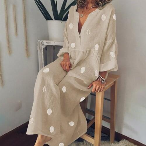 2021 V-neck Polka Dot Plus Size Dress Female Bohemian Beach Style Print Retro Elegant Loose Long Skirt