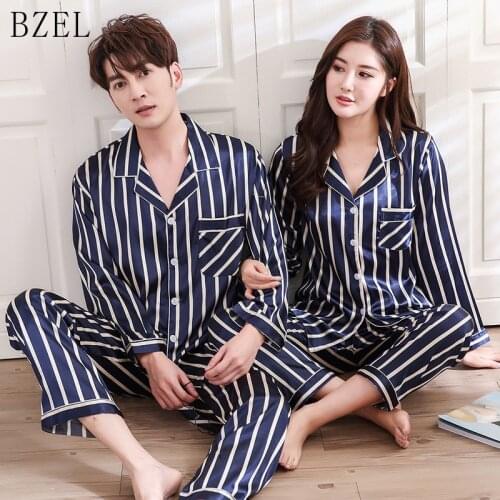 BZEL Couple Pajama Sets Silk Satin Pijamas Striped Sleepwear His-and-her Home Suit Pyjama For Lover Man Woman Lovers' Clothes