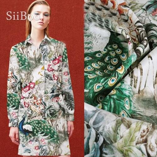 White green peacock print spandex silk heavy crepe fabric for dress natural silk tissu stoffen telas 26mm SP4896 Free shipping