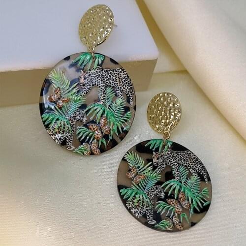 Exaggerated Big Round Leopard Print Drop Earrings Hot Fashion Gold Color Acrylic Tree Leaves Butterfly Pattern Earrings
