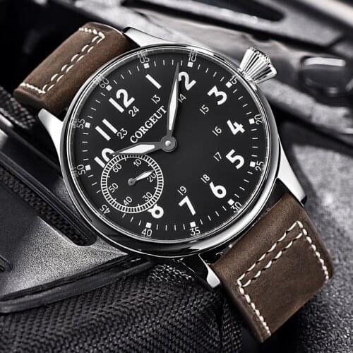 CORGEUT Fashion Leather Top Mechanical Watch Mens Classic Business Manual Winding Watch Luminous Waterproof Mens Watch 2002D