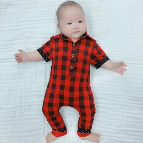 Kids Red Plaid Christmas Romper Newborn Cotton Summer Jumper Baby Boys Girls Fashion Rolled-Sleeve Jumpsuit 2021 New 30