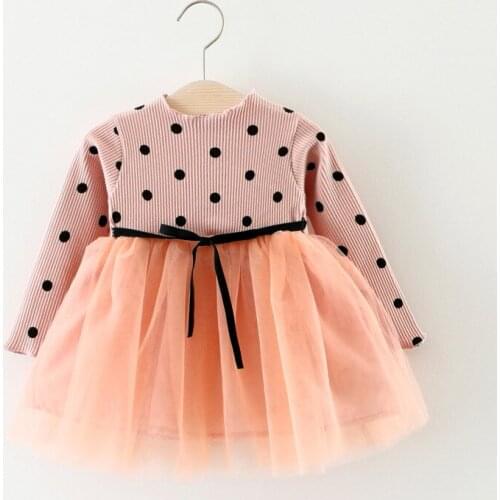 Baby Spring and Autumn Girls Dress Baby Long Sleeve Dot Splicing Mesh Skirt Korean Princess Dress Girl Tutu Dress