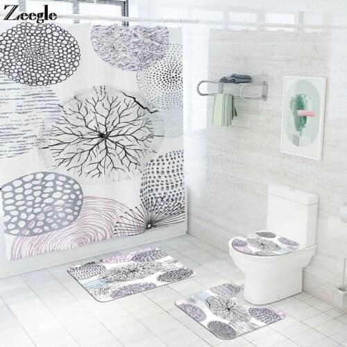 Home Decor Printed Bath Mat and Shower Curtain Set Abstract Geometry Washable Bath Mat Memory Foam Toilet Mat U-Shaped Rug