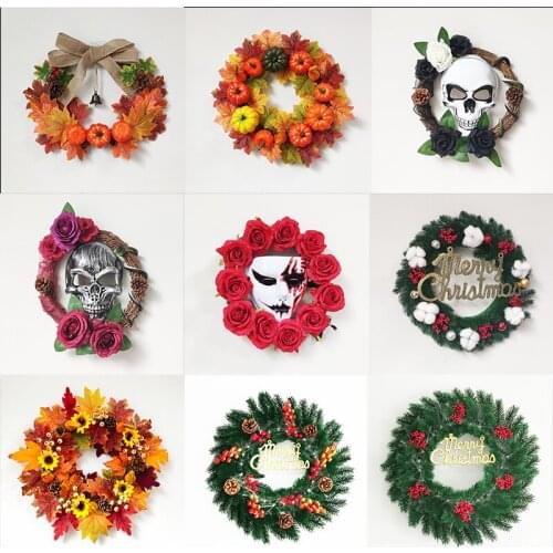 Halloween Door Wreath Home Party Decoration Door Decor Autumn Pumpkin Garland Christmas Pine And Berries Wreath