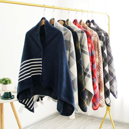 Functional Flannel and Lamb Wool Blanket Office Car Nap Throw Thicken Plush Warm Women Shawl with Button