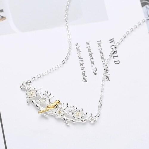 Cute Literary Bird Branch Korea Handmade 925 Sterling Silver Clavicle Chain Temperament Trendy Female Necklace SNE186