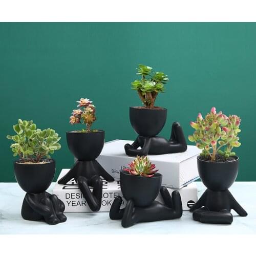 Creative Black Figure Flower Pot Plant Cactus Potted Abstract Ceramic Figure Flower Pot Figurine Coffee Table Living Room Decor