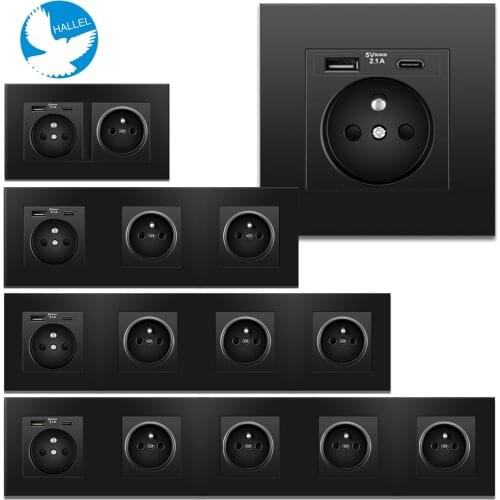 Multi-Frame EU French Power Socket USB Type C 2A Rapid Charger Black Panel Mount Box, Français Socket Poland 110-250V 16A Outlet