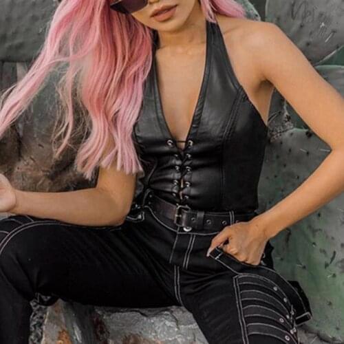 Fashion Punk Black Leather Hollwo Womens Camisole 2020 Summer Fashion Stretch Tees Slim Soft Leather Tank Tops