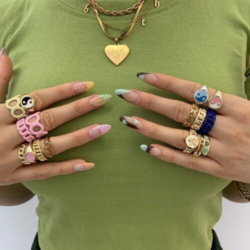 INS Fashion Enamel Colorful Tai Chi Gossip Rings Candy Color Metal Heart For Women Vintage Drip Oil Rings Finger Jewelry