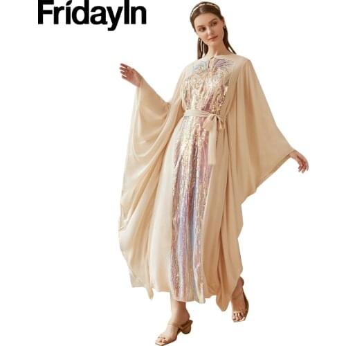 Fridayin Muslim Abaya Turkey Butterfly Sequined Long Sleeve Arabian Dress VestidosRuffles Sundress Fashion Vintage Dresses