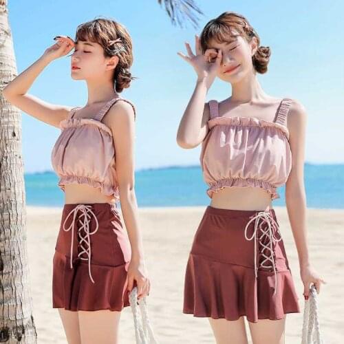 2021 New Korean Sexy Solid Bikini Swimwear Women Bandage Two Pieces Swimsuit Women Beachwear Biquini Set Swimskirt