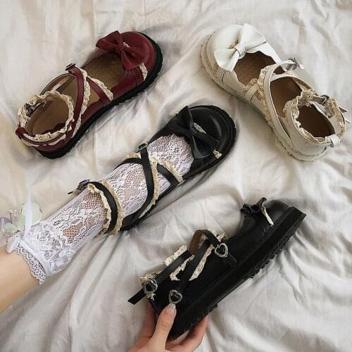 Anime Cosplay Vintage Lolita Lace Bowknot Mary Jane Shoes For Girls Woman JK Style Round Head Buckle PU Leather Shoe