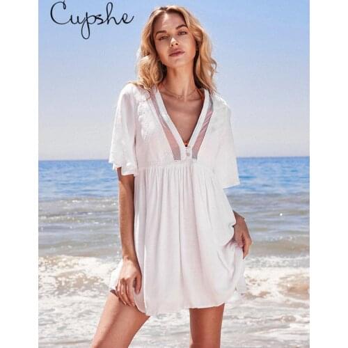 CUPSHE Solid White V-neck Elbow Sleeve Mini Dress For Woman Casual Cotton Loose Dress 2021 New Girls Summer Sundress Vestidos