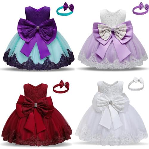 1 Year Baby Girl Birthday Party Dress for Newborn Girls Clothes Big Bowknot Baby Girl Infant Christending Gown Match Headwear