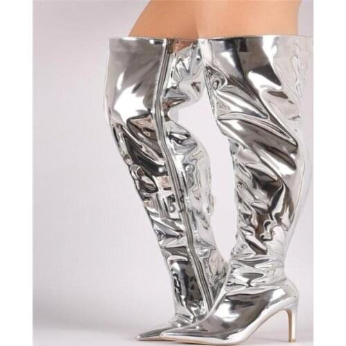 2021 New Nightclub Female Singer Bright Boots Cover DS DJ Gogo Pole Dance Bar Club Stage Accessories Black/Silver Shoes DWY5288