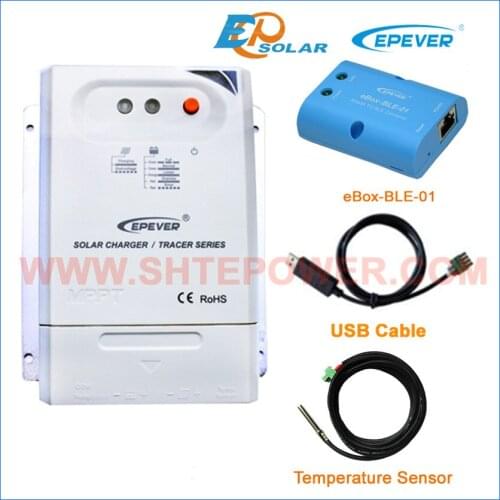 MPPT EPEVER Solar Panels system 12V 24V auto work EPsolar Tracer2210CN USB cable+temp sensor eBOX-BLE-01 Phone APP 20A