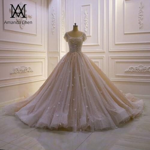 Robe mariee Short Sleeve Crystal Pearls 3D Flowers Champagne Wedding Dress