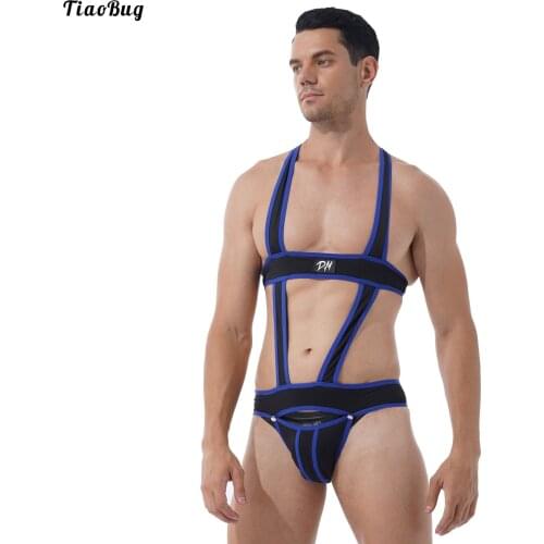 TiaoBug Men Hollow Out One-Piece Swimming Jockstrap Leotard Wrestling Singlet Contrast Color Bulge Pouch Bodysuit Swimwear