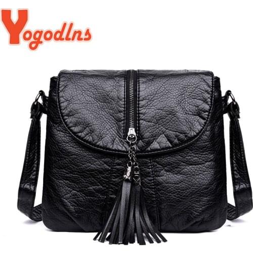 Yogodlns Vintage Black Shoulder Bag Soft PU Leather Crossbody bag Tassel Decor Messenger Bag Luxury Handbag Designer Lady Purse