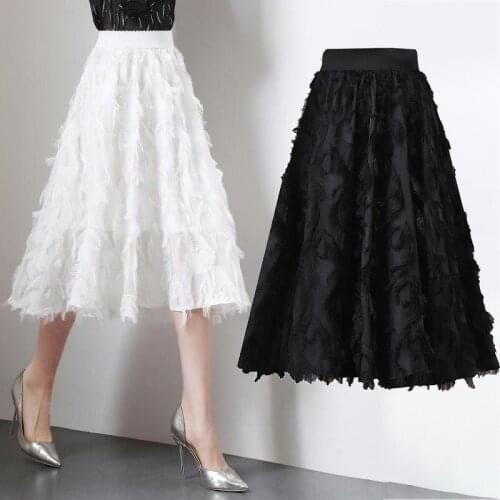 Summer Spring Womens Female Elastic High Waisted Tassel Pleated Mid Calf Skirt , Woman Office Fashion Black White Long Skirts