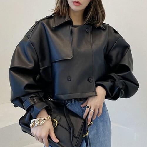 Vintage Black Soft Faux Leather Women Short Coat Autumn 2021 Korean Lapel Double Breasted Loose Casual Punk Female Biker Jacket