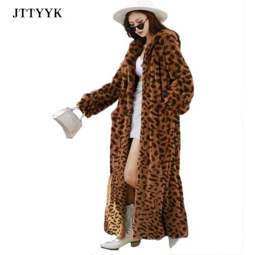 Women Winter Leopard Fur Jacket X-Long Parkas Warm Plush Fluffy Faux Fur Coats Hooded Korean Overcoat Female Plus size Clothing