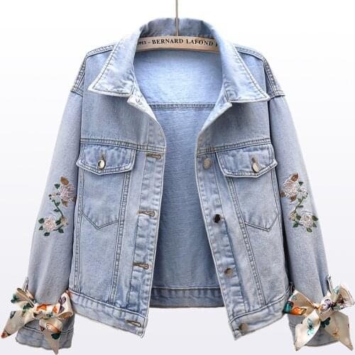 Embroidery Denim Women Coats Autumn New 2021 Turn-Down Collar Long-Sleeved Bandage Female Outwear Jackets Tops