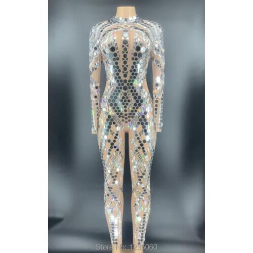 Flashing Silver Mirrors Stone Jumpsuit Women Bar Dance Net Yarn Clothes Birthday Celebrate See Through Outfit YOUDU