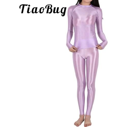 Womens Yoga Set Glossy Stretchy Two-piece Pants Set Fitness Crew Neck Long Sleeve T-shirt with Leggings Athletic Sports Suits