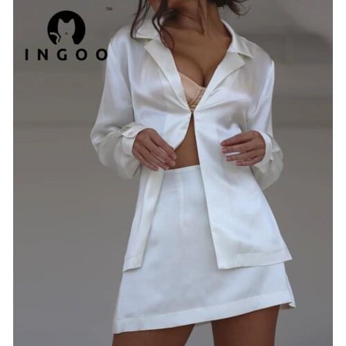 INGOO Solid Deep V Lapel Suit Women Sexy OL Light Mature Hot Girl Cardigan Buttoned Blouse High Waist Skirts Set Commute Outfits