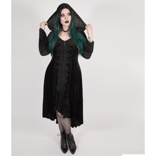 PUNKRAVE Womens Chinoiserie Dark Velvet Burning Out Long Coat Gothic Vntage Hooded Applique Irregular Horn Sleeve Warm Jacket