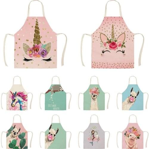 1Pcs Kitchen Apron Animal Alpaca Flowers Printed Sleeveless Cotton Linen Aprons for Men Women Home Cleaning Tools55*68cm