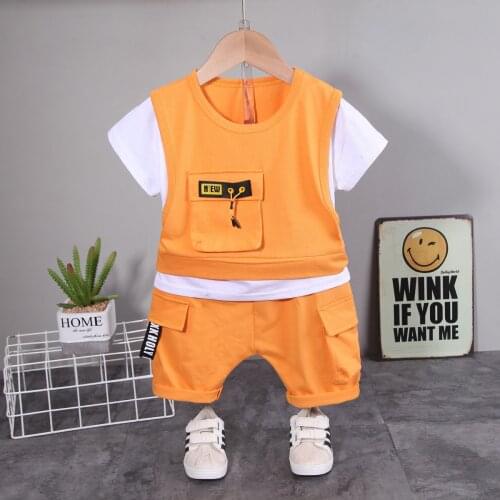 2021 Summer Toddler Baby Boys Sports Clothes Sets Infant Girls Fake Two T-shirt+Solid Shorts2-piece Casual Suits Kids Clothing