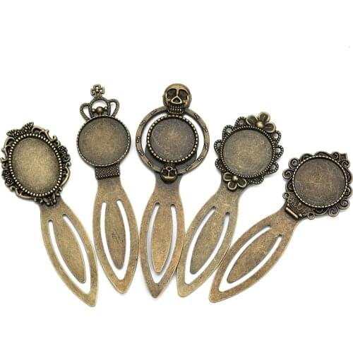 5pcs Antique Bronze Retro 20mm Flower Skull Bookmark Cabochon Base Bookmark Setting For Cabochon Cameo DIY Bookmarks Jewelry