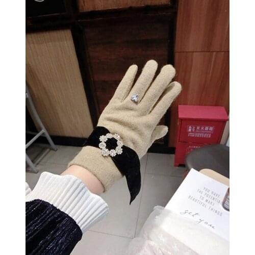 Velvet Rhinestone Buckle Tassel Cashmere Gloves Women Japan and South Korea New Warm Thick Five-Finger Split Finger Gloves