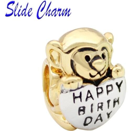 Slide charm free shipping DIY beads Little monkey happy birthday animal charm beads fit Pandora bracelet necklace