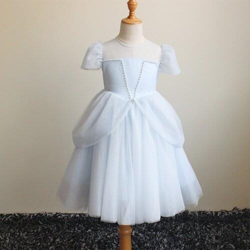 Girls Princess Dress Pageant Newborn Lace Kids Girls Mesh Dress Party Wedding Formal Birthday Dress Blue 2-7Y