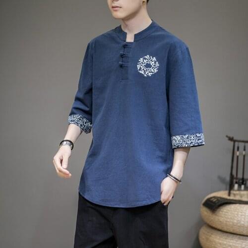 Chinese Style Button Linen T-Shirt MenS Summer Embroider Tang Suit Shirt Loose Large Size T-Shirt Japanese Kimono Men New 30565