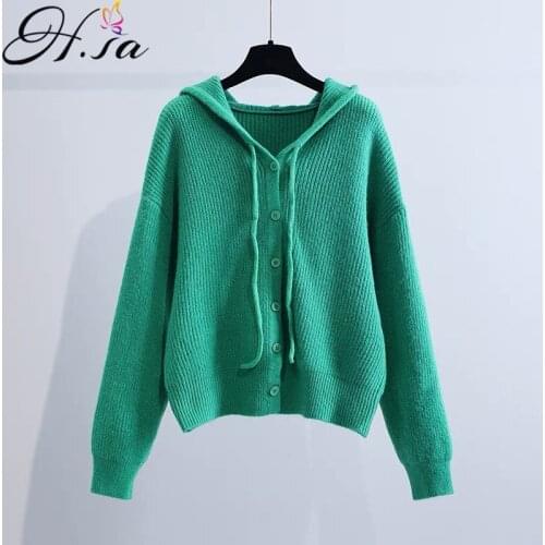 HSA 2021 Autumn Solid Color Hooded Knitting Cardigan Female Korean Sweater Knit Jacket Loose Zipper Pink Oversized Cardigans