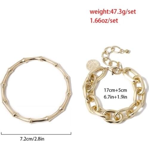 2Pcs Punk Metal Bamboo Bracelet Coin Disc Charm Chunky Link Chain Bangle Women LX9E