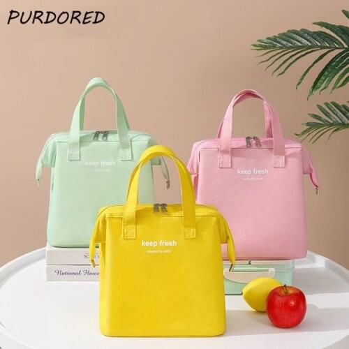 PURDORED 1 Pc Candy Color Lunch Bag for Women Picnic Cooler Bag Kids Bento Bags Thermal Breakfast Food Pouch Insulated Food Bag