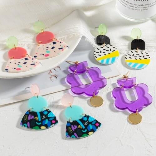 Korean Fashion Party Color Acrylic Earrings For Women Geometric Hanging Earrings 2021 Trend Female Modern Personality Jewelry