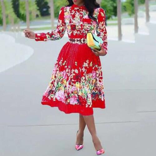 Office Dresses For Ladies 2021 Formal Classy Printed Pleated A Line High Waist Full Sleeve Mid Calf Elegant Work Business Dress