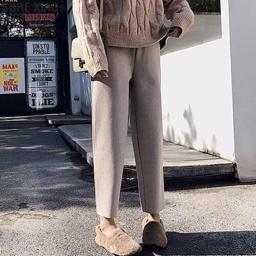 Autumn and Winter Thick Woolen Pants Women High Waist Loose Wide Leg Harem Pants Solid High Elastic Waist Casual Trouser 12113