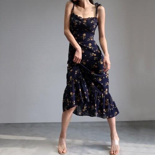 WOMENGAGA Women Ruffle Edged Neckline Adjustable Strap Ties Midi Dress In Floral Print hot sexy summer korean dresses RDW2